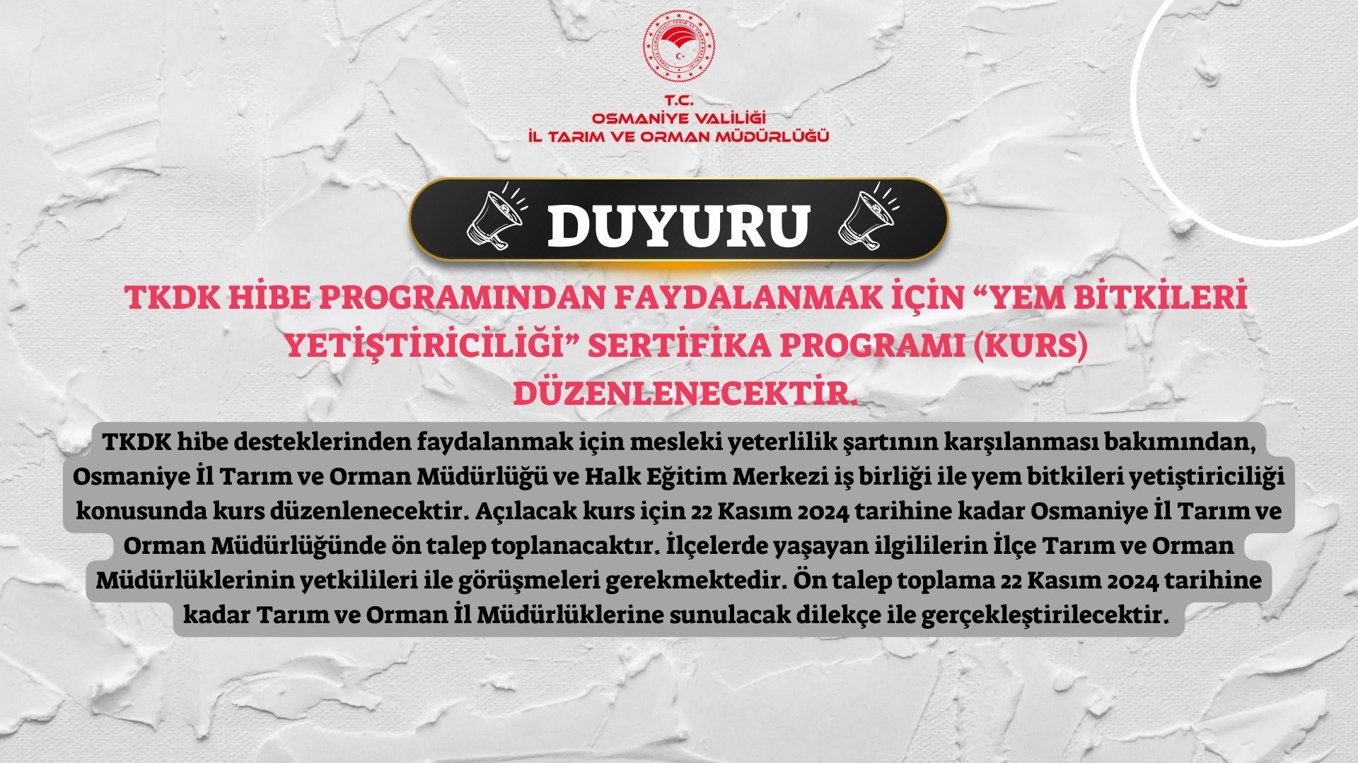 TKDK HİBE PROGRAMINDAN FAYDALANMAK İÇİN “YEM BİTKİLERİ YETİŞTİRİCİLİĞİ” SERTİFİKA PROGRAMI (KURS) DÜZENLENECEKTİR.